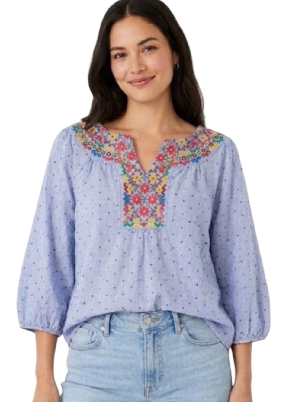 Blue Chambray Embroidered Floral Peasant Blouse 100% Cotton Top Talbots XLP